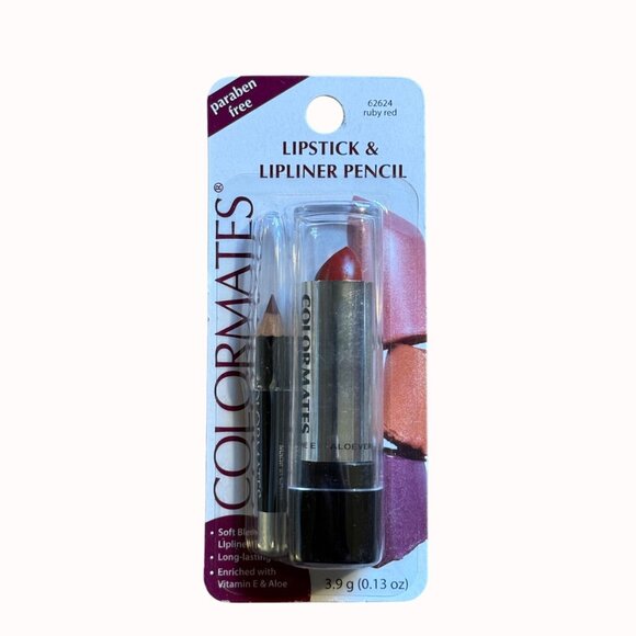 Colormates Lipstick And Lip Liner Pencil Ruby Red Long Lasting Vitamin E Duo New - Picture 3 of 8